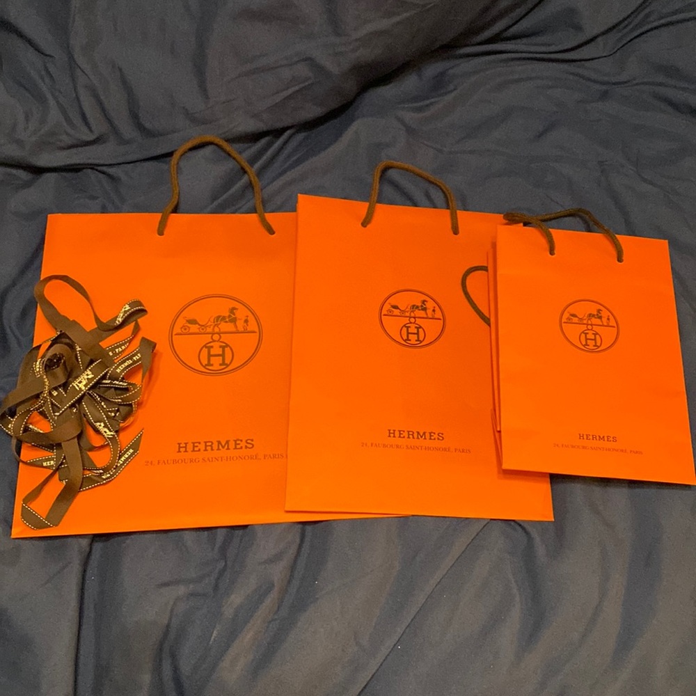 3 empty Hermes shopping bags 🛍️ with ribbon 🎀